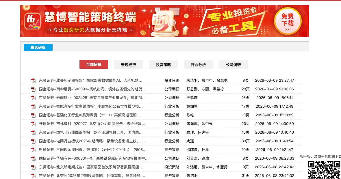 慧博投研资讯精选研报页面的最新研报列表截图切片