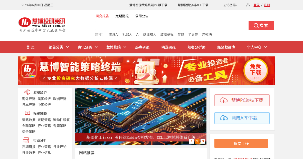 慧博投研资讯首页的报告分类、终端入口和搜索区截图切片